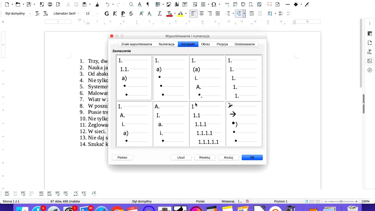 Numerowanie (elementarne) - Libre Office Writer