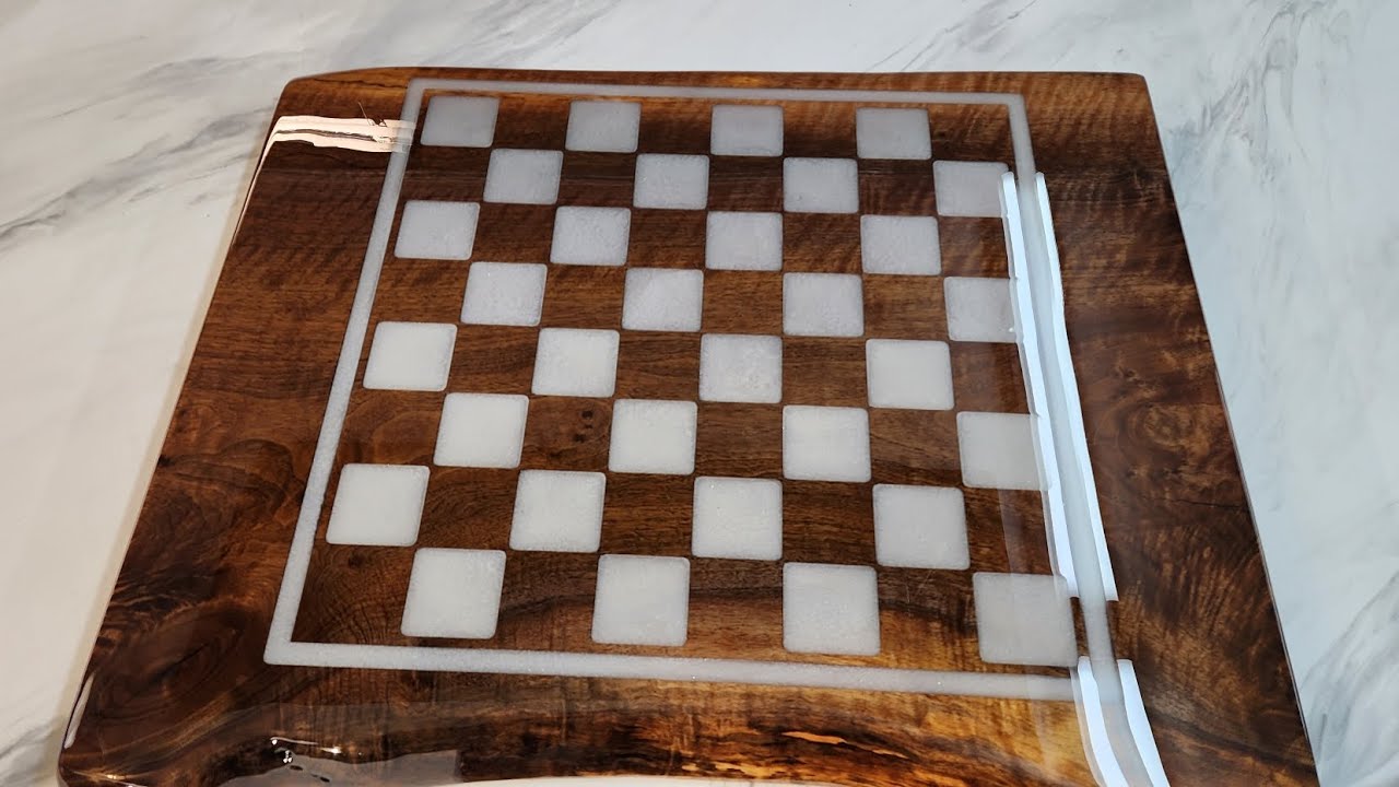 Live edge chess board with walnut and epoxy