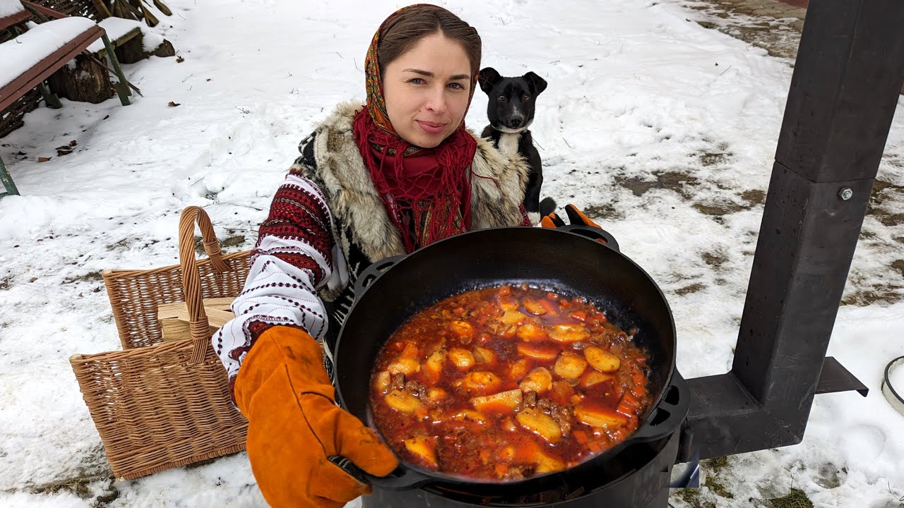 Perfect Beef Stew in cauldron. Homemade cooking in Ukrainian village