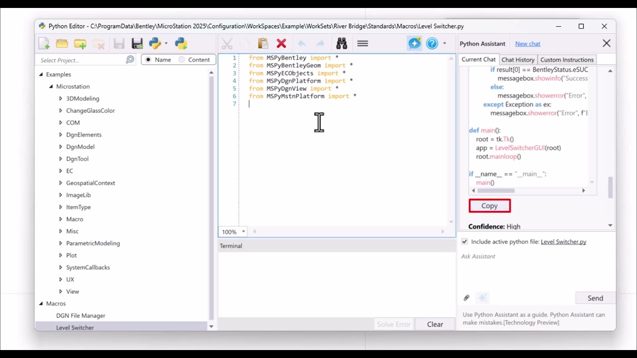 MicroStation 2025 Python Assistant: создание переключателя уровней