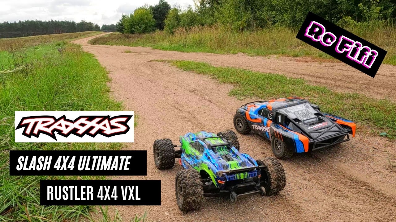 Traxxas Slash 4x4 Ultimate i Rustler 4x4 Vxl. Slow-motion.