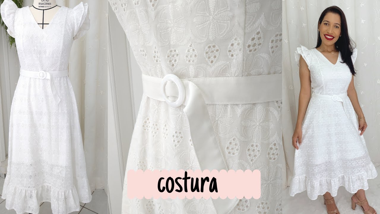Como costurar vestido midi de laise todo forrado com zíper invisível, decote v e saia evasê