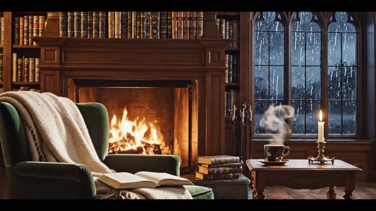 Dark Academia Library Ambience 🏰 Rain on Window & Fireplace for Study : Focus | 4K TV Art