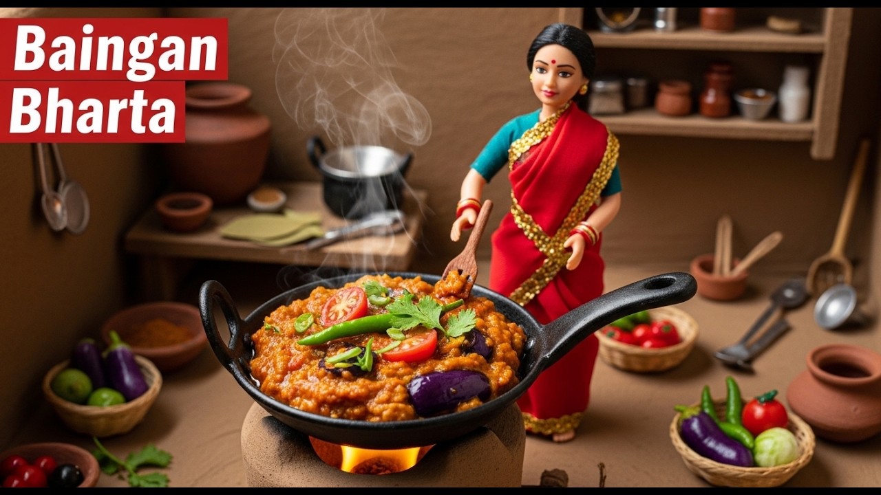 Tiny Village Kitchen Cooking Baingan Bharta | Miniature Doll ASMR Routine