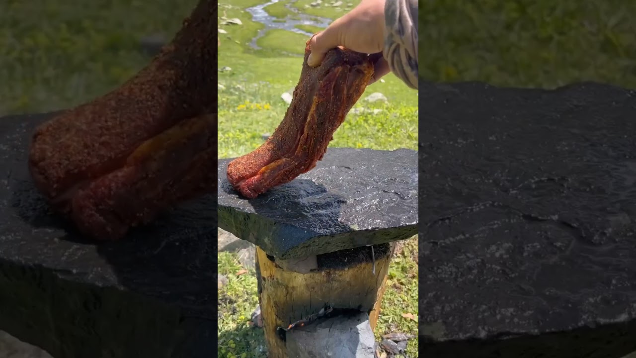 Cooking stake on a rock in mountains #outdoorcooking #chef #food
