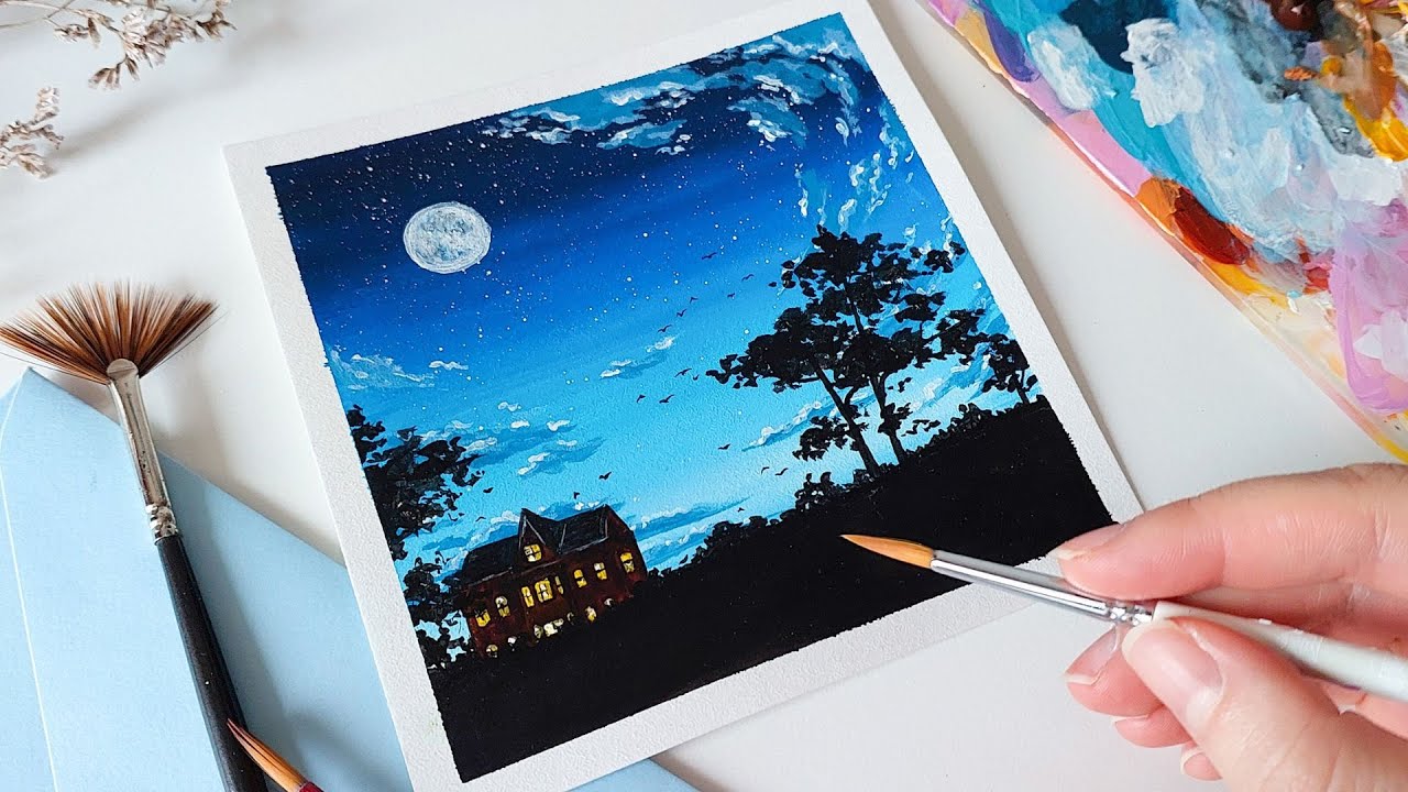 Moonlit Night- Acrylic Painting! Drawing process!