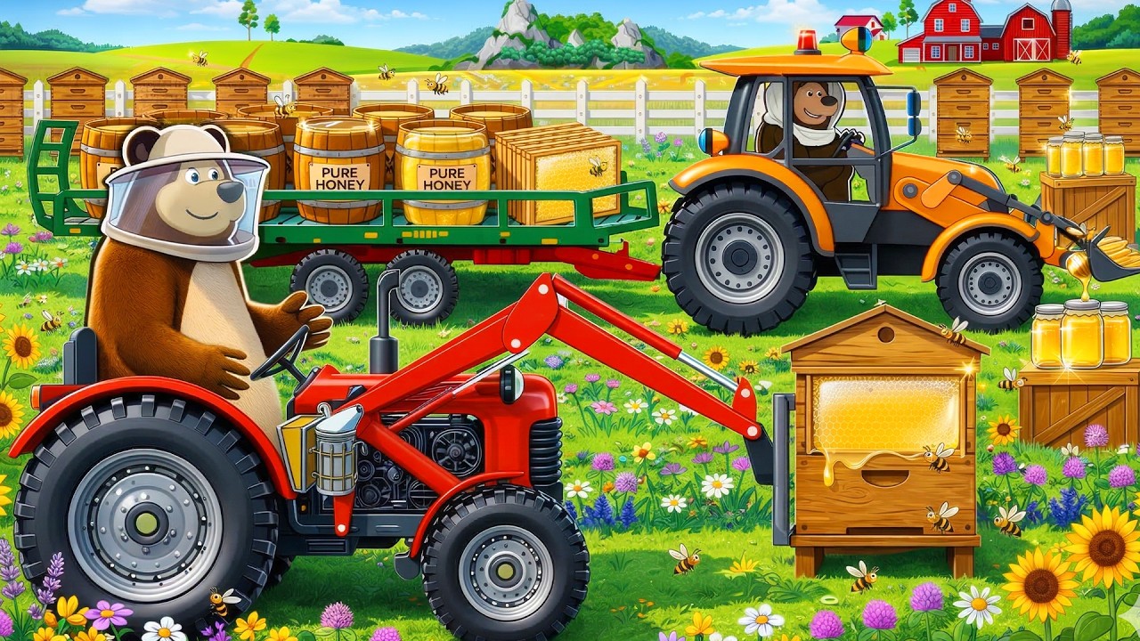 Farmer Hardworking: Tractor and Bees Hive for Honey Harvest | Real Farm Animation