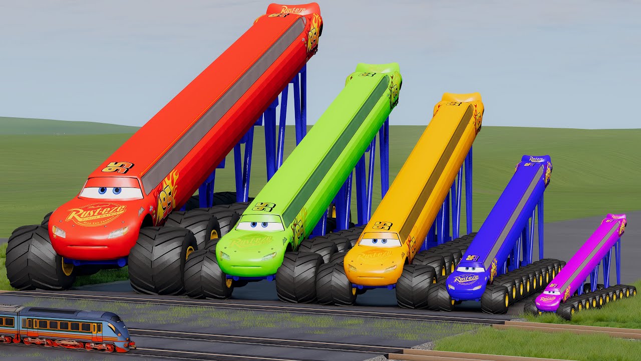Big & Small, Long & Tall Colors Lightning Mcqueen with Monster Truck Wheels vs Trains | BeamNG.Drive