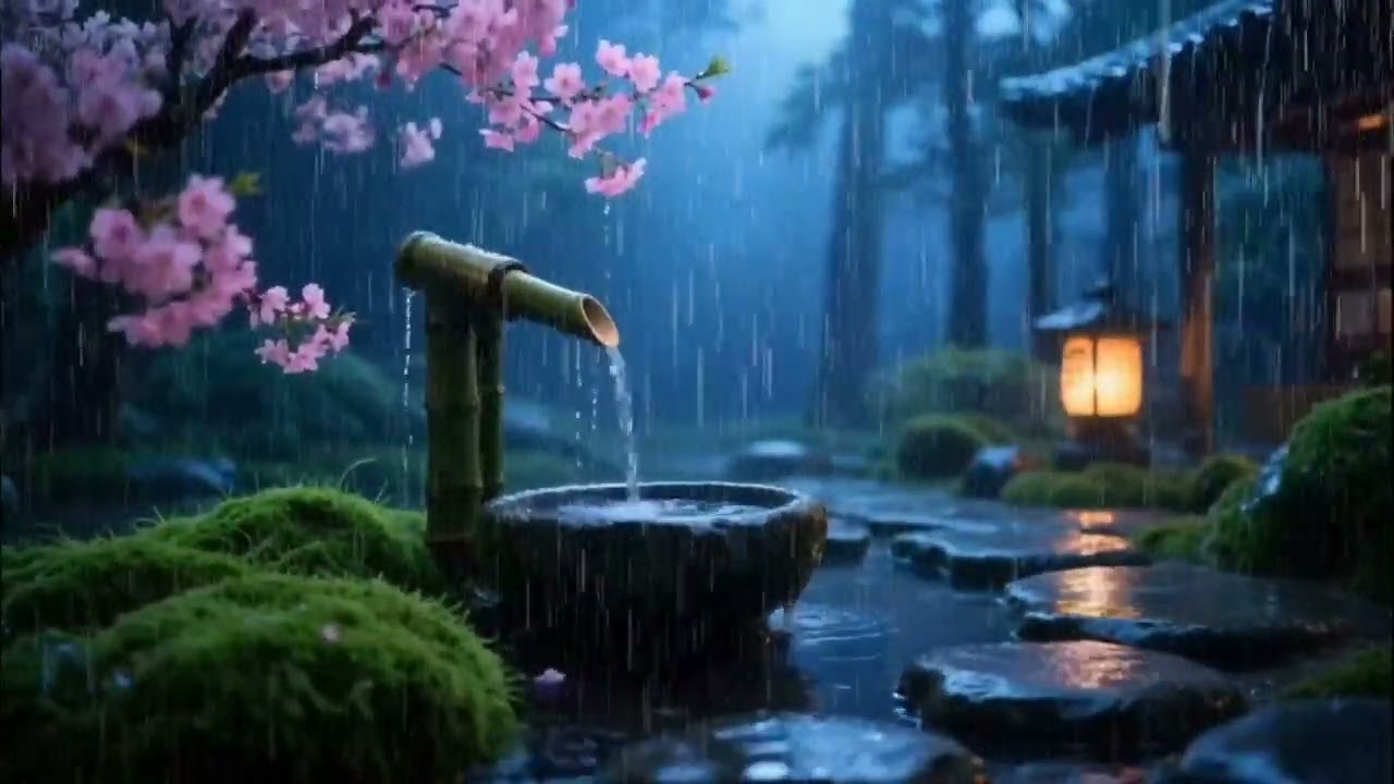 Gentle Rain and Piano under Lantern Light | Zen Garden Sleep Ambience
