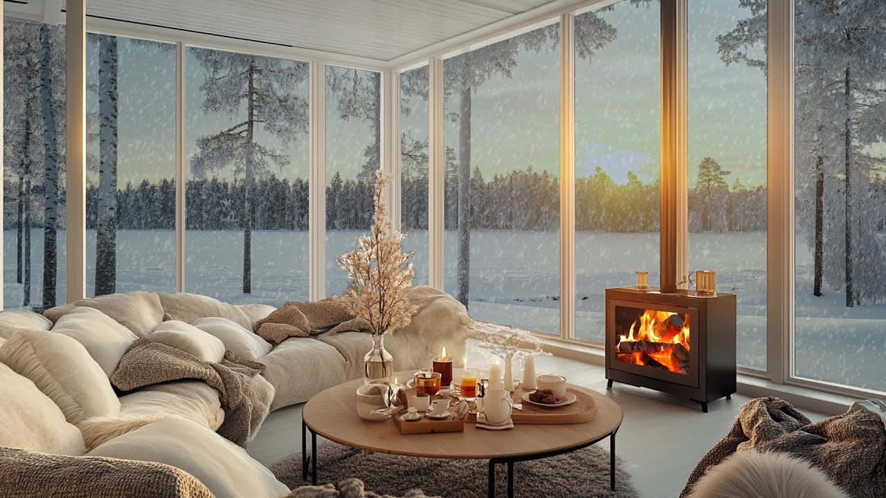 🔥🎼 Chill Winter Piano Lounge | Fireplace, Snow & Flowers for For 4 Hours | Relax Work Mood Boost