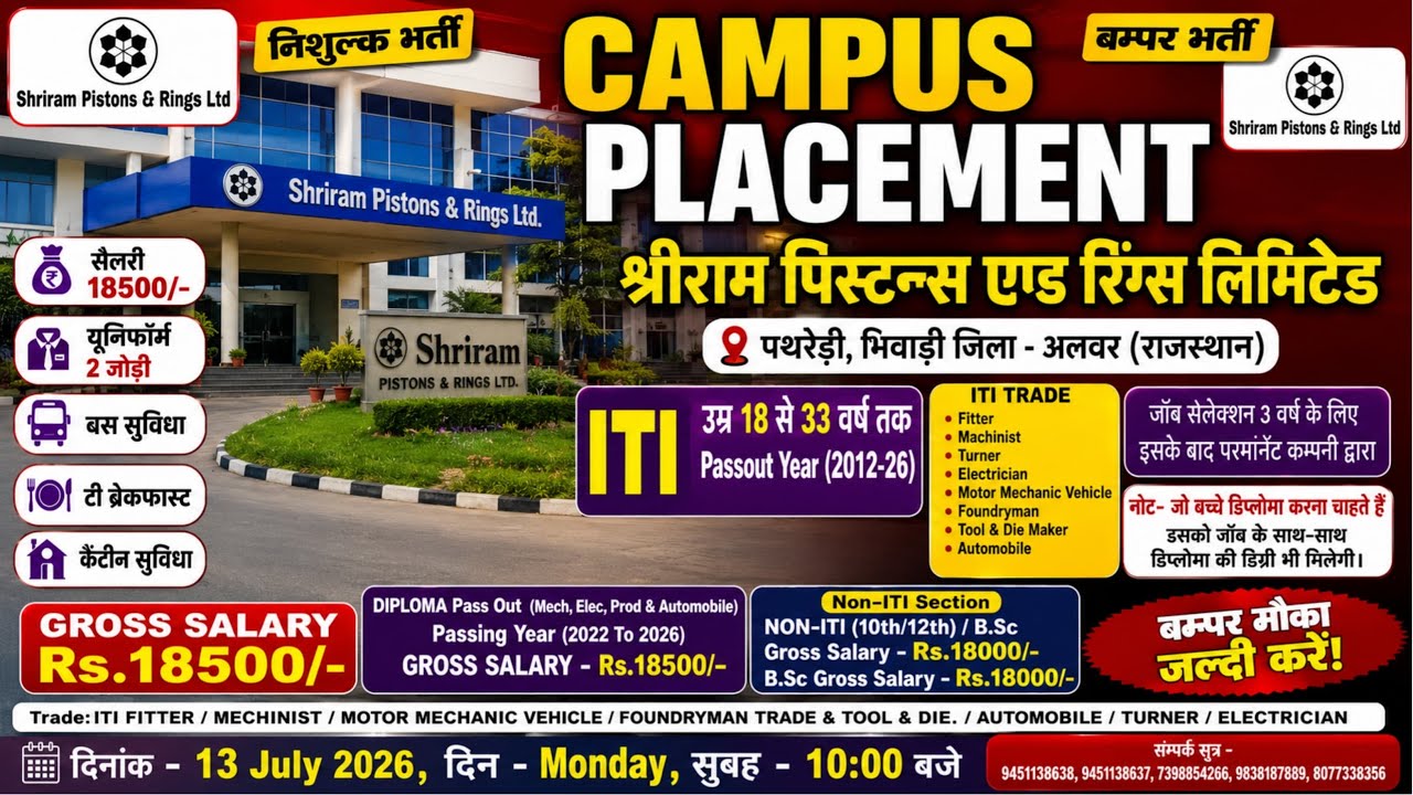 🔥 ITI वालों के लिए बंपर भर्ती 2026 | ₹18,500 सैलरी | Shriram Pistons Campus Placement 2026 💯