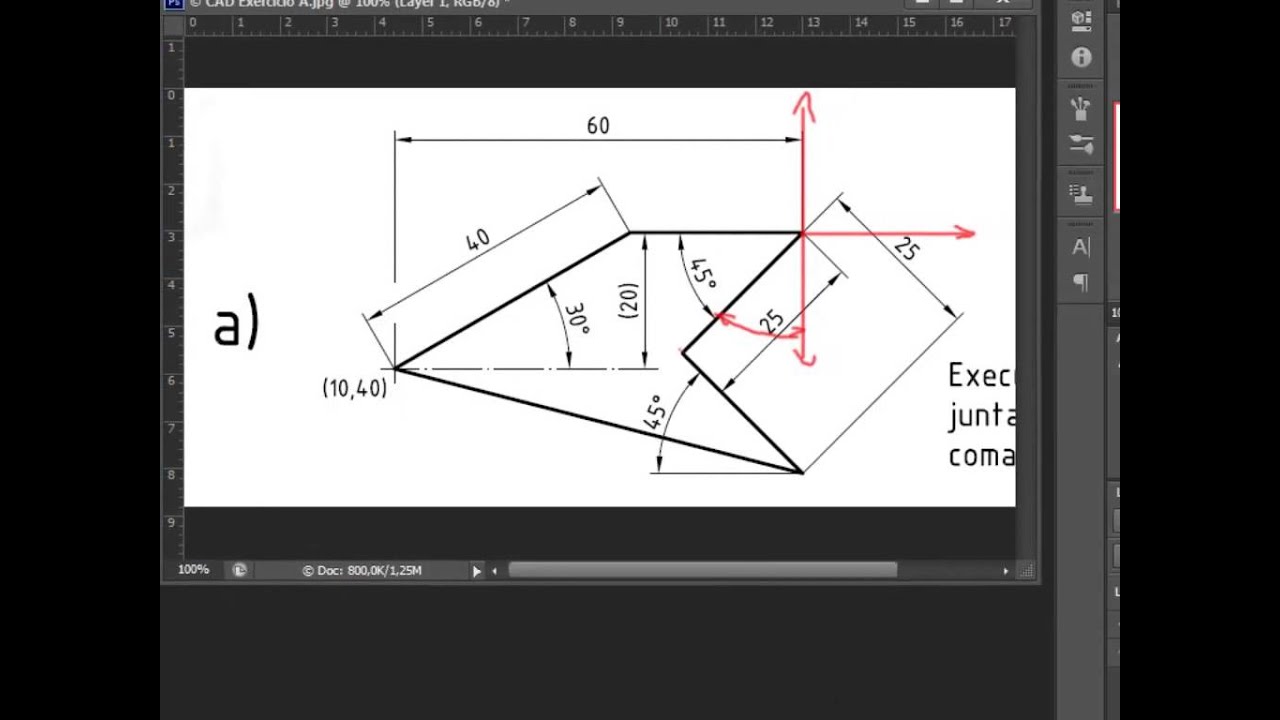 AutoCAD Exercício A - Curso Básico, Linhas em ângulos, Exercício de ângulos.
