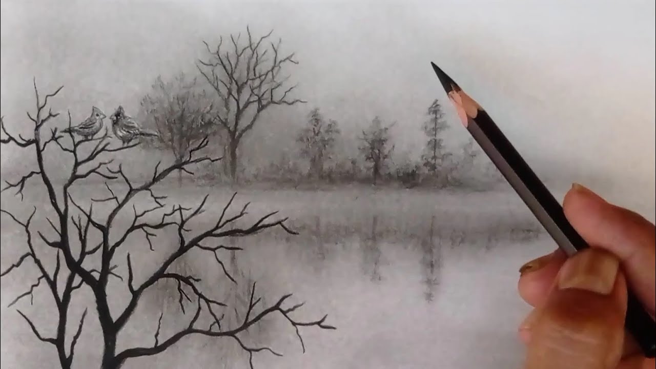 Easy Pencil drawing of a water lake and  with fog on its shore and two birds sitting on a tree.