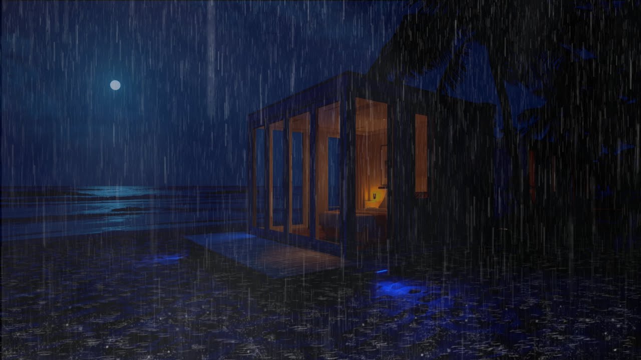 Heavy Rain by the Ocean at Night | Modern Glass House Ambience for Deep Sleep