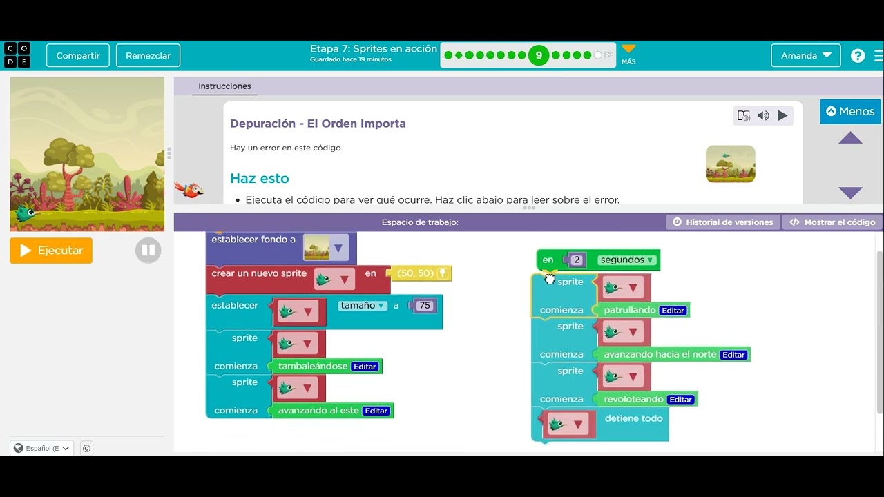 Etapa 7: Explicación Sprite en Acción Code.org