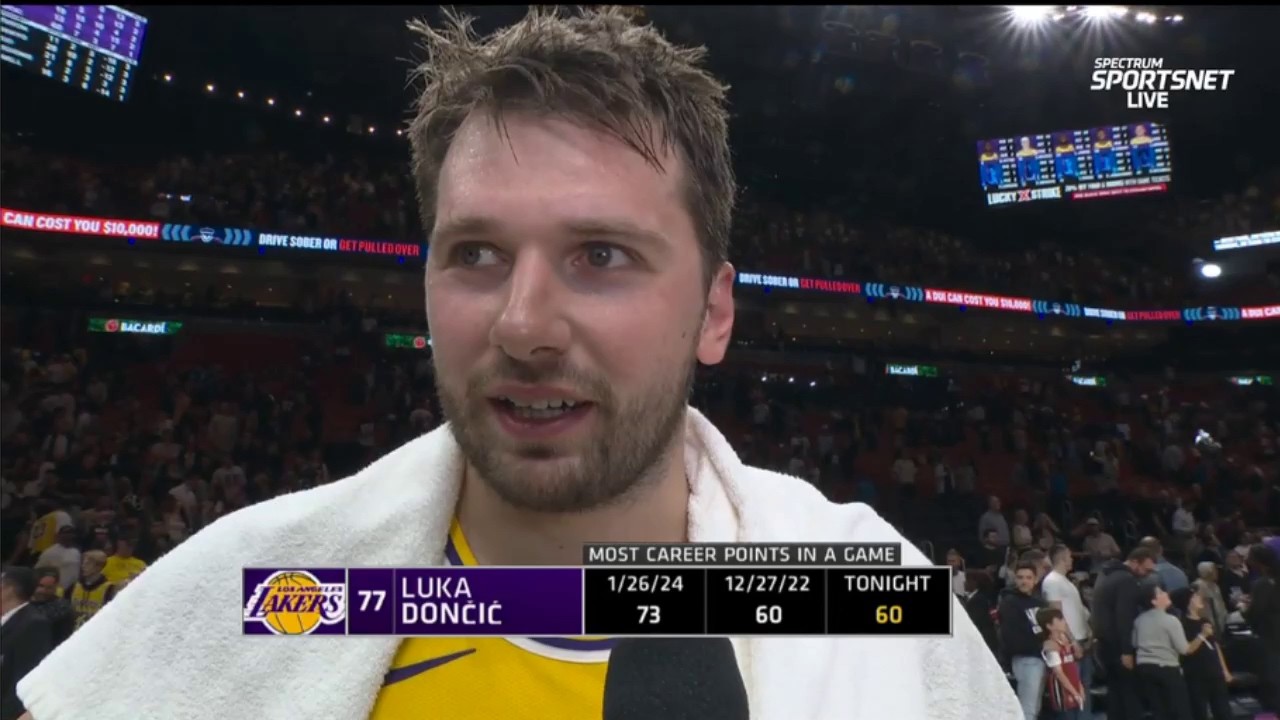 Luka Doncic (60 Points) speaks to the media after Los Angeles Lakers beat Miami Heat 134-126