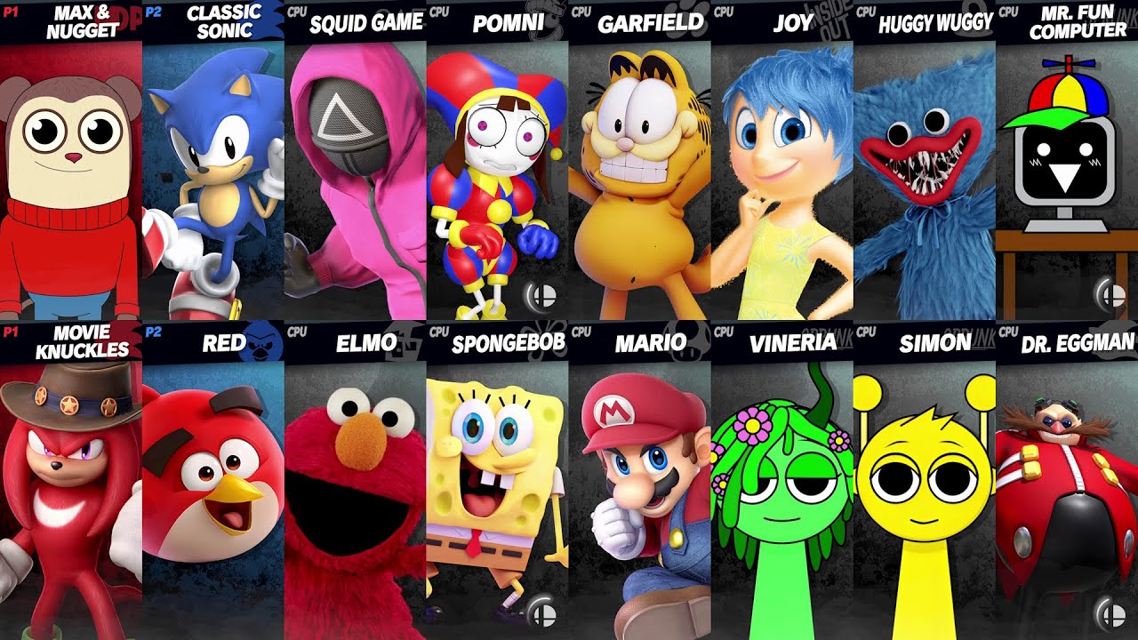 Classic Sonic vs Mario vs SpongeBob vs Squid Game vs Movie Knuckles in Super Smash Bros Ultimate