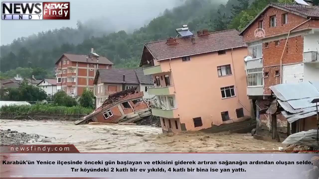#Canlı - Karabük'ün Yenice Tır köyündeki 2 katlı bir ev yıkıldı, 4 katlı bir bina ise yan yattı.