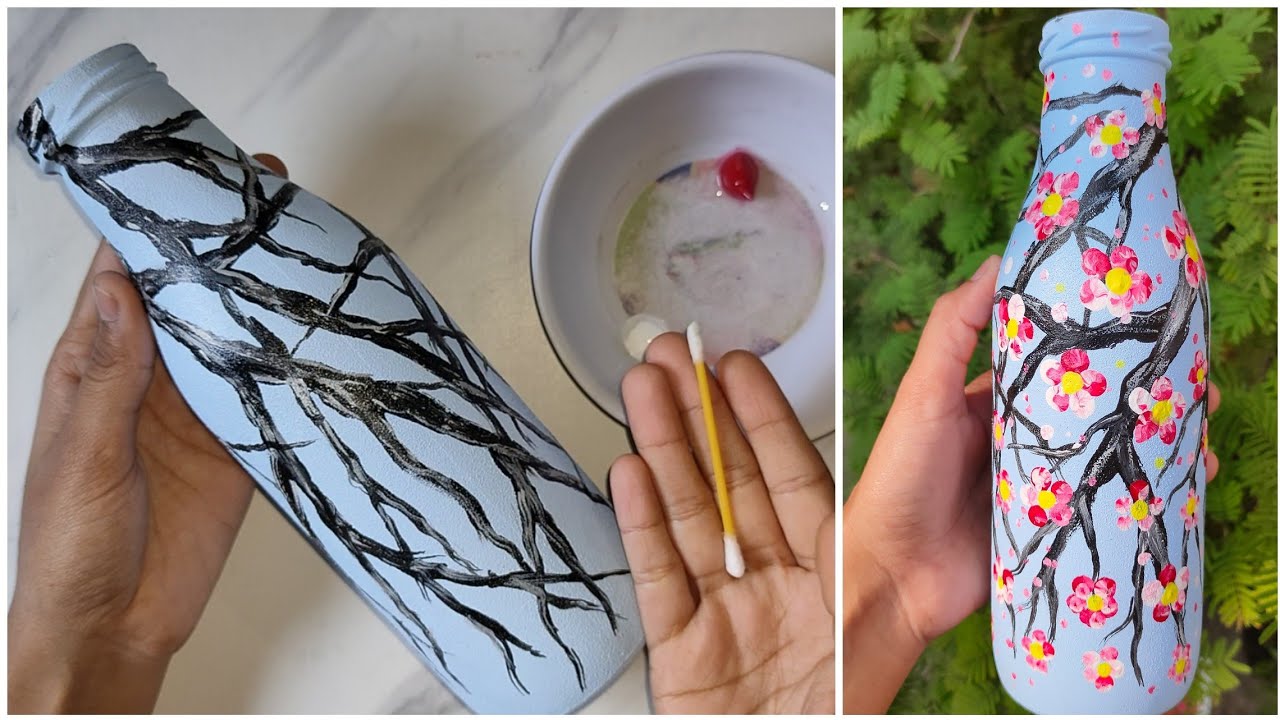 Easy CHERRY BLOSSOM painting on GLASS BOTTLE. Simple glass bottle painting technique with Q-Tip.