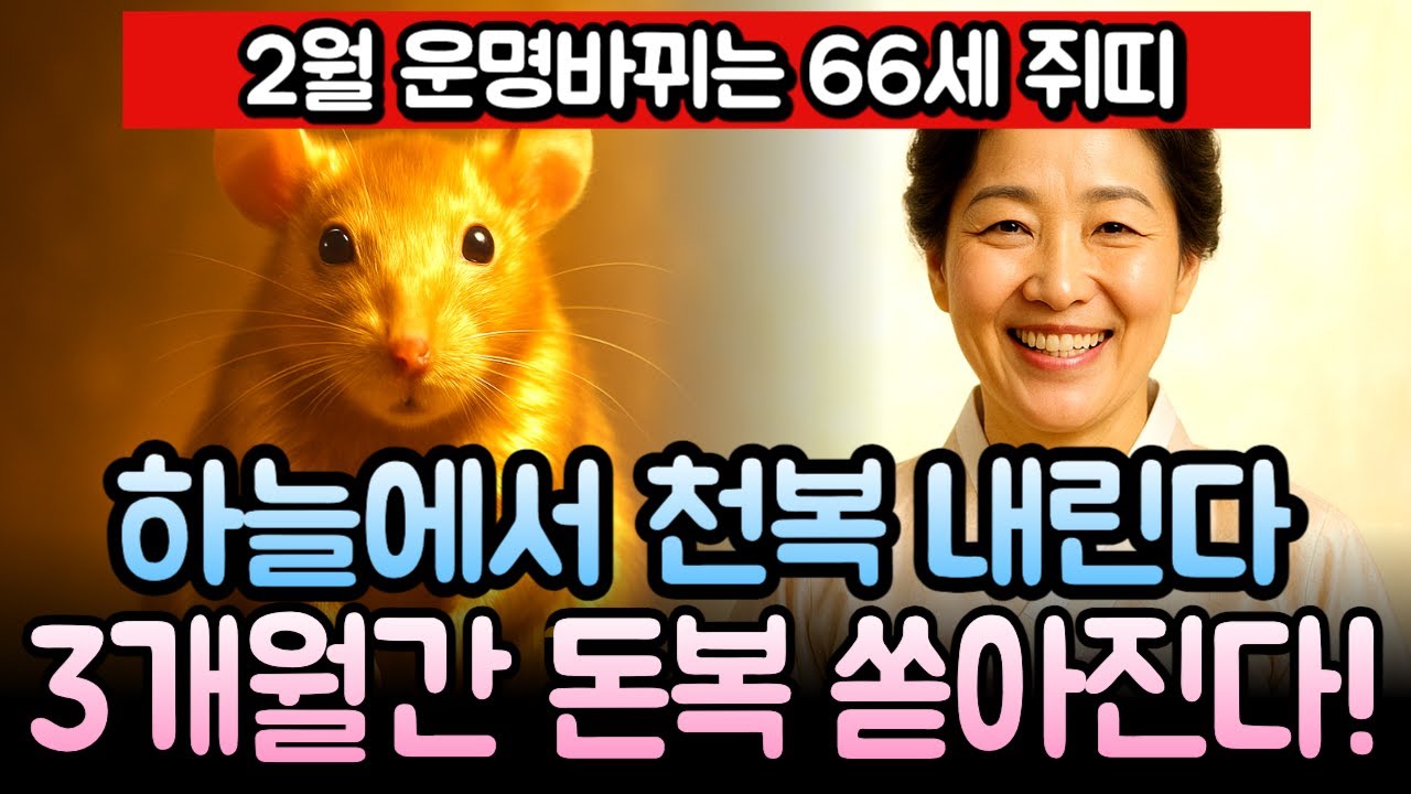 2026년 병오년 2월 경자년생 쥐띠 운세 1960년생 66세 하늘이 준다! 부자 기운 깨어나고 돈복 쏟아지는 한 달, 쥐띠 평생 대운 타는 황금 시기 지금입니다.