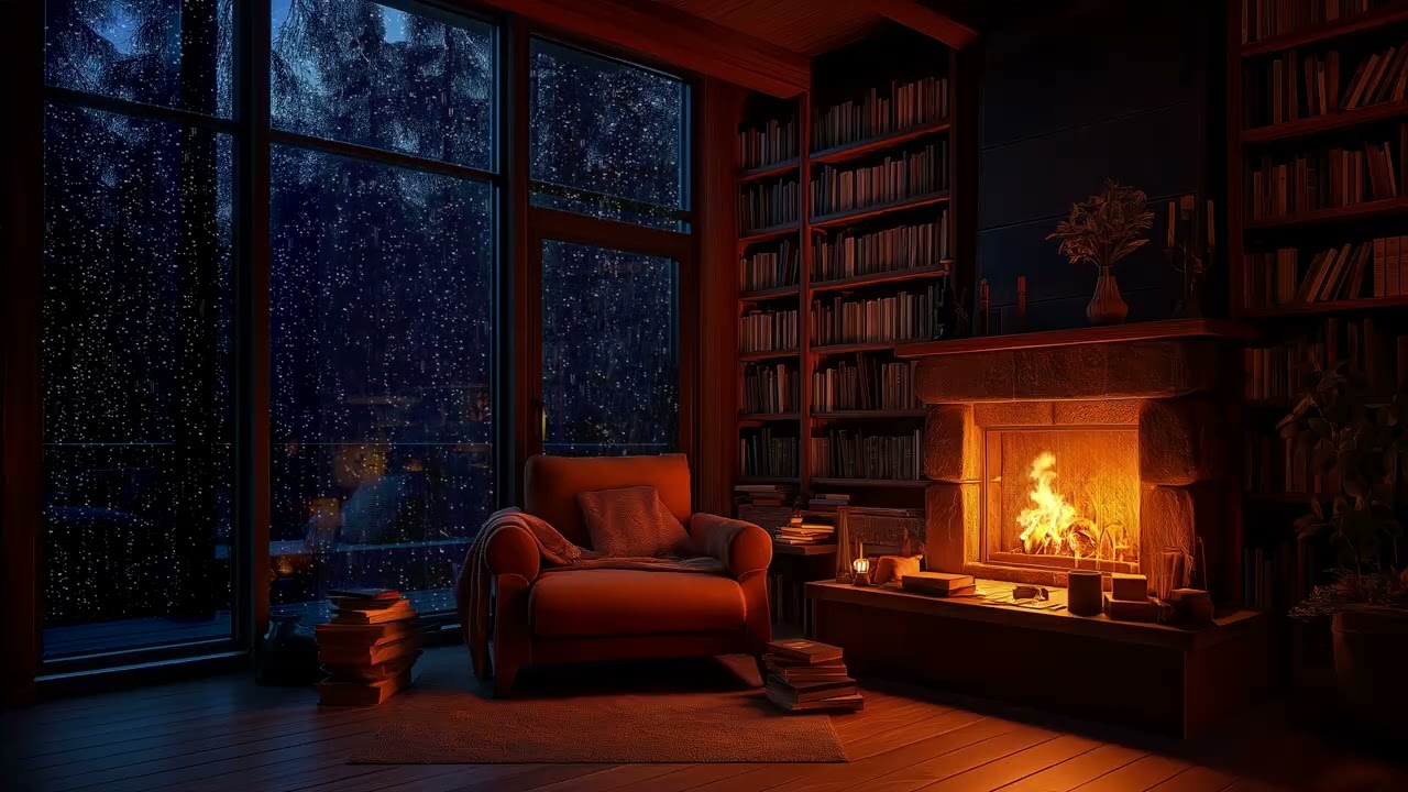 Rainy Reading Nook & Crackling Fireplace | Cozy Chair, Sleeping Cat & Peaceful Rain for Cozy Vibes