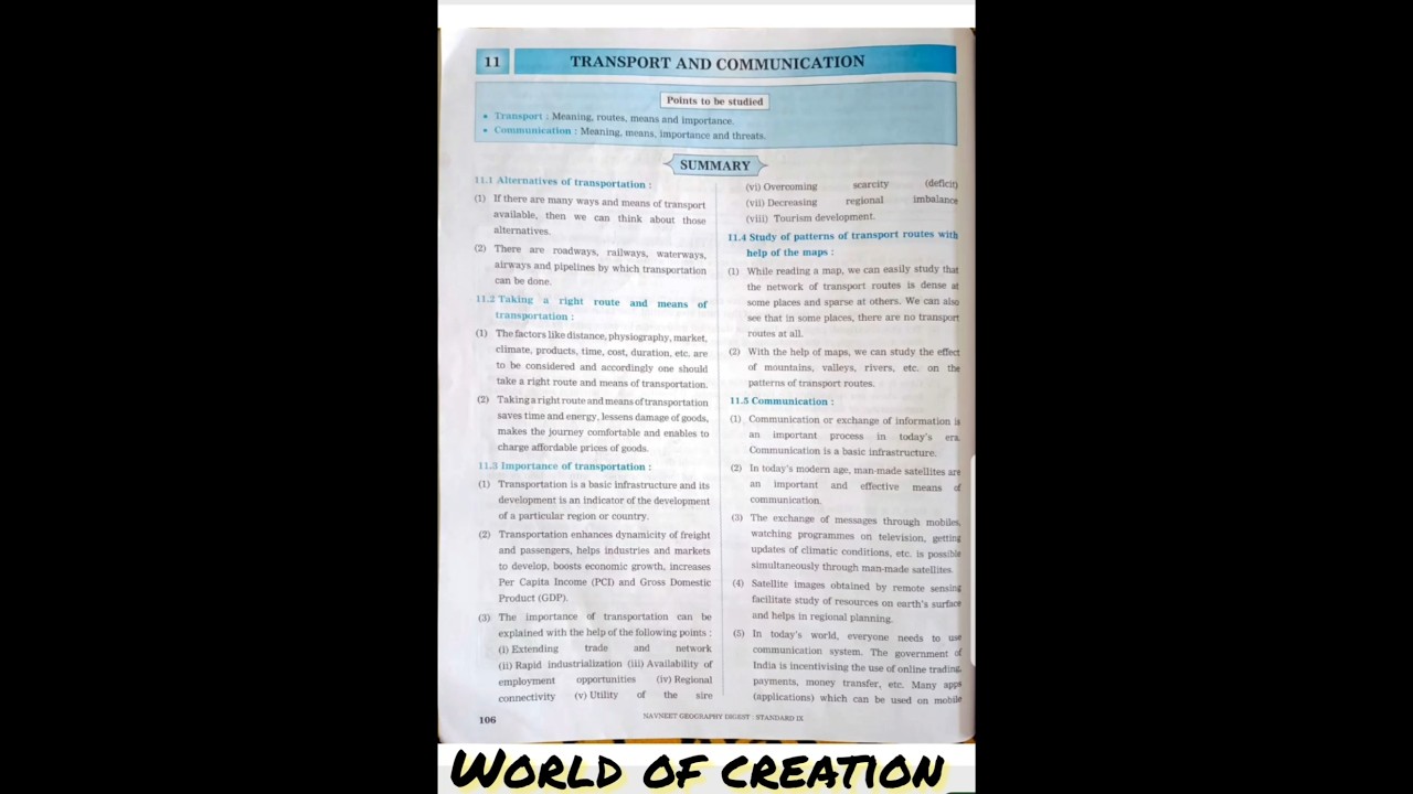 9th standard Geography lesson number 11. transport and communication answer from digest.