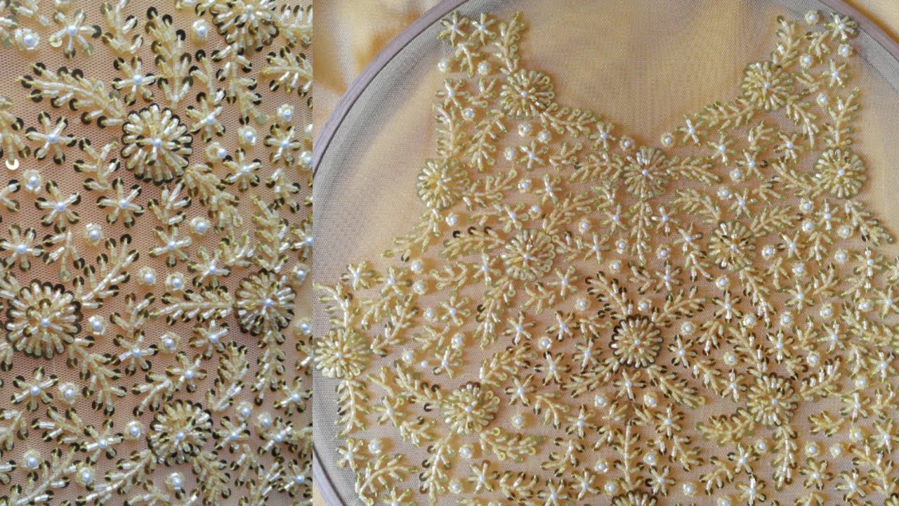 Hand Embroidery on net fabric | all over design using normal needle with sequins, pearls,glass tubes