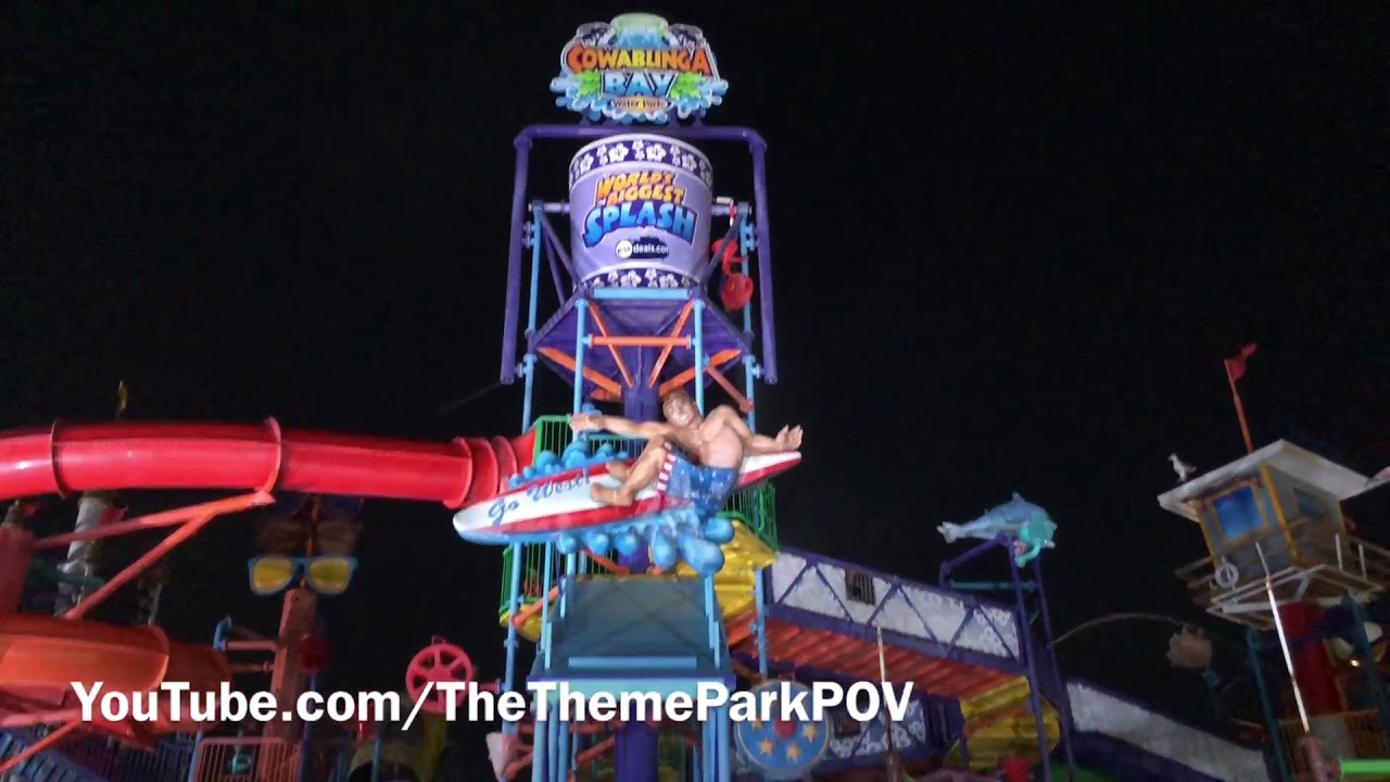 Purple Tipping Bucket Dumping at Night at Cowabunga Bay Water Park
