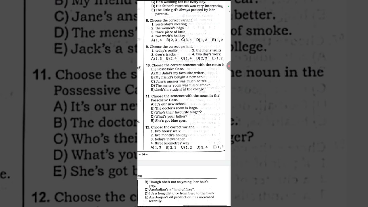 Dim toplu ingilis dili yeni, 1-ci hisse, possesive case, 25 sual, imtahana yaxın  tekrar 