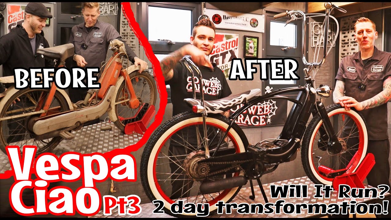 Vespa Ciao Barn Find Lowrider Bike transformation is complete. Will It Run? Nothing fits! Part 3!