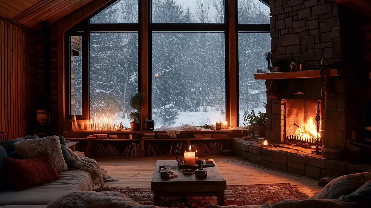 Soft Jazz | Calm & Relaxing Winter Cabin with Snowfall and Fireplace Ambience