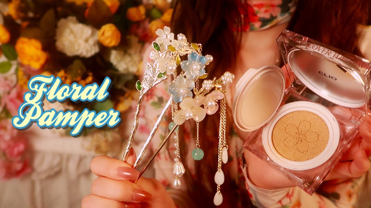 ASMR 🌼 Flower Hair, Skincare & Makeup Pamper 💐🌸 (no talking + music) {layered sounds}