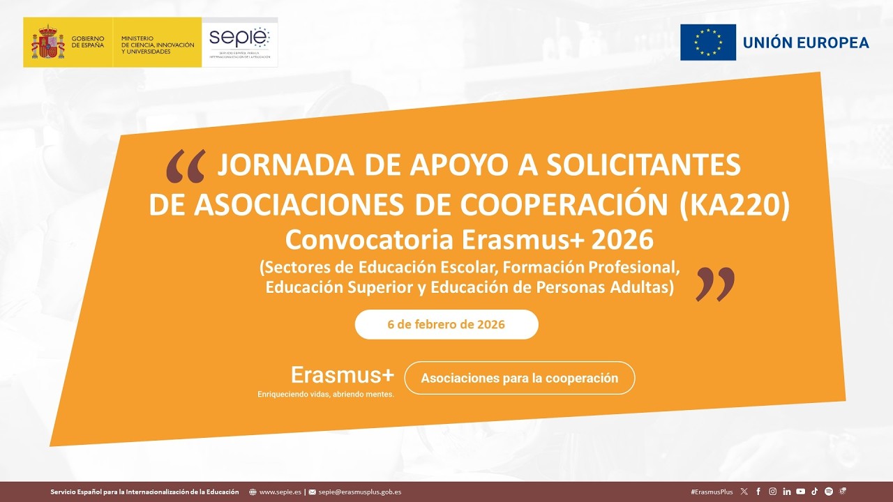 Jornada de Apoyo a solicitantes de Asociaciones de Cooperación (KA220). Convocatoria Erasmus+ 2026