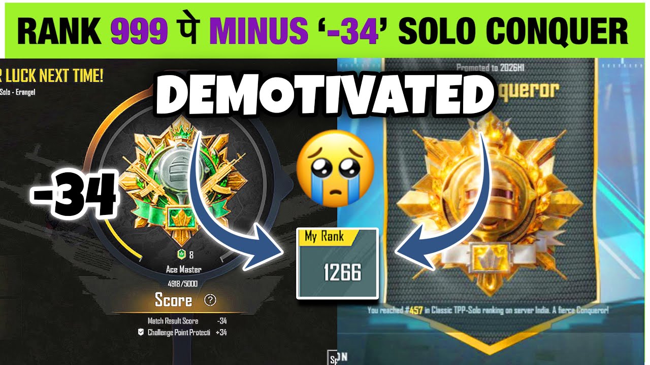 🥹RANK 999 PE &lsquo;MINUS -34&rsquo; FULLY DEMOTIVATED ‼️ SOLO CONQUEROR. HOW TO SURVIVE SOLO CONQUEROR LOBBY ⁉️