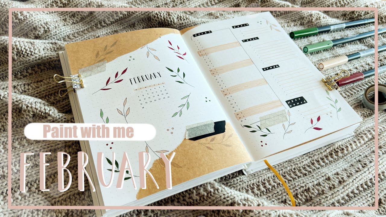PREDRAWN Bullet Style Journal 2022 | FEBRUARY Paint With Me | Simple Botanical Craft Paper Theme 🪴🖤
