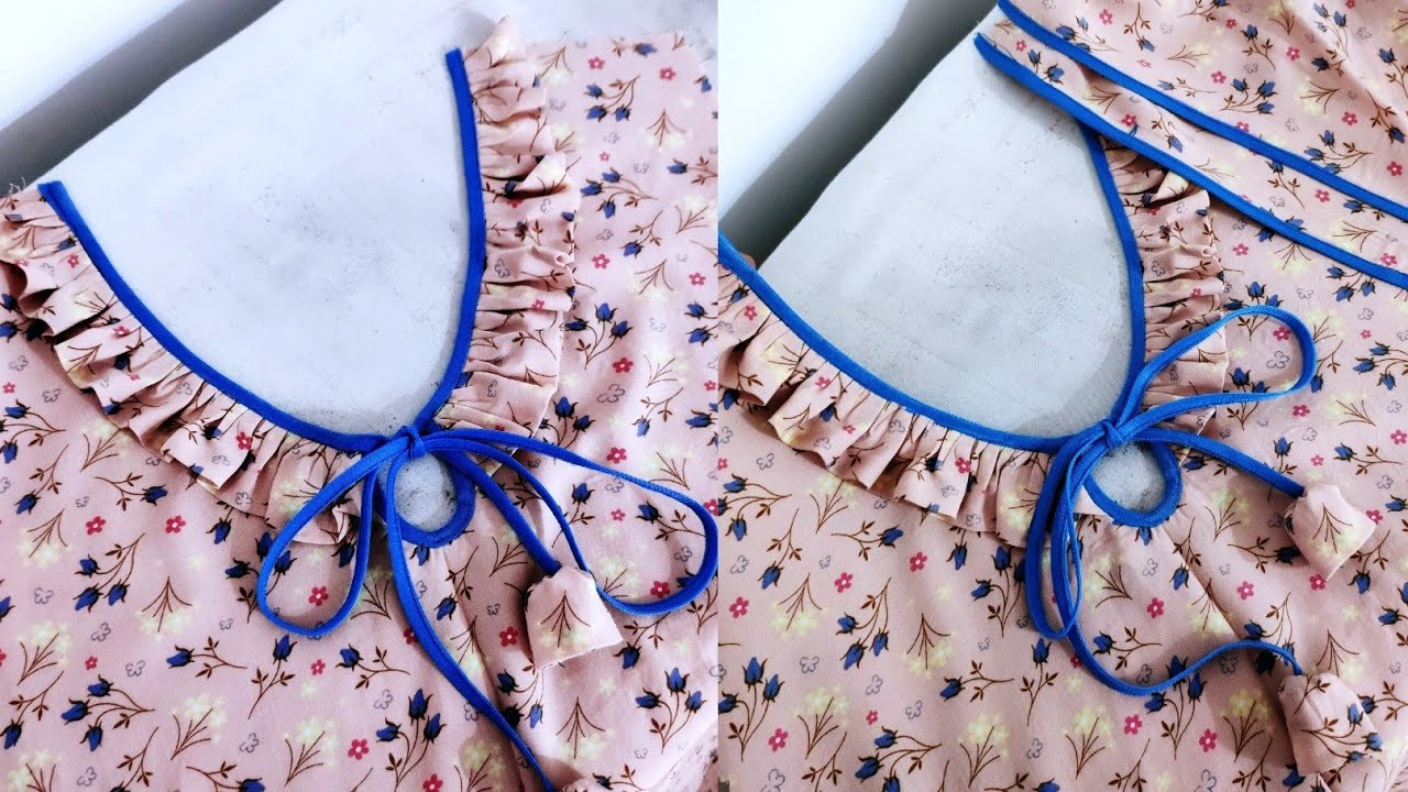 frill neck design/ cutting and stitching/ size L / simple sleeve design