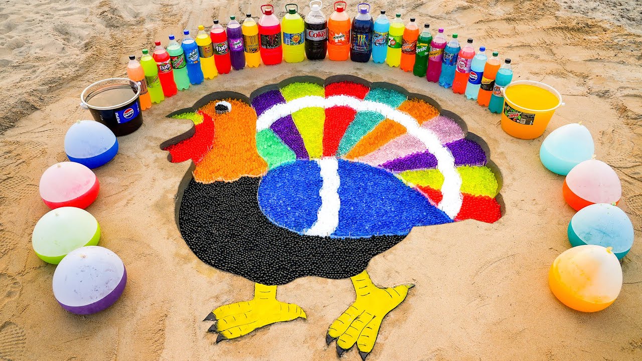 How to make Rainbow Chicken Turkey with Orbeez, Big Coke, Monster, Mirinda, Chupa Chups and Mentos