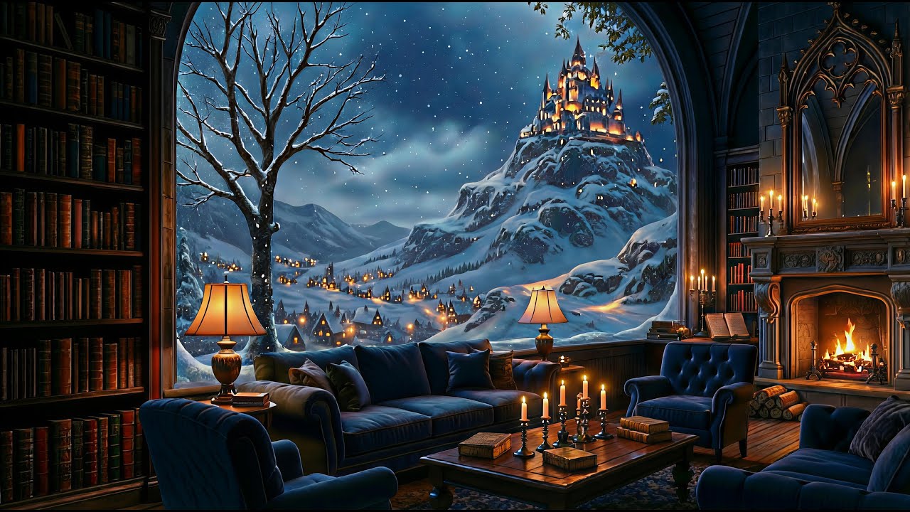 Cozy Winter Reading Room ❄️🔥 | Warm Fireplace, Soft Candlelight & Falling Snow Ambience