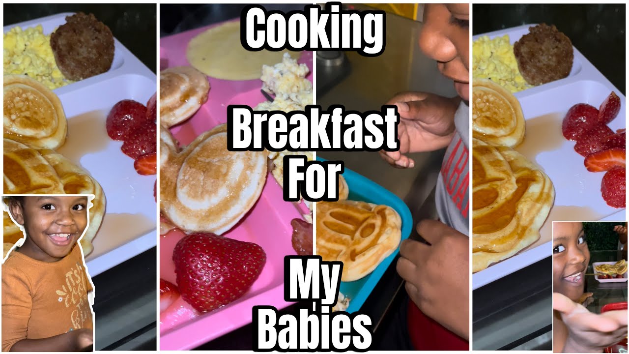 Cooking Breakfast For My Babies , Mickey Mouse Pancakes, Cheesy Eggs , Cheesy Grits With Strawberry.