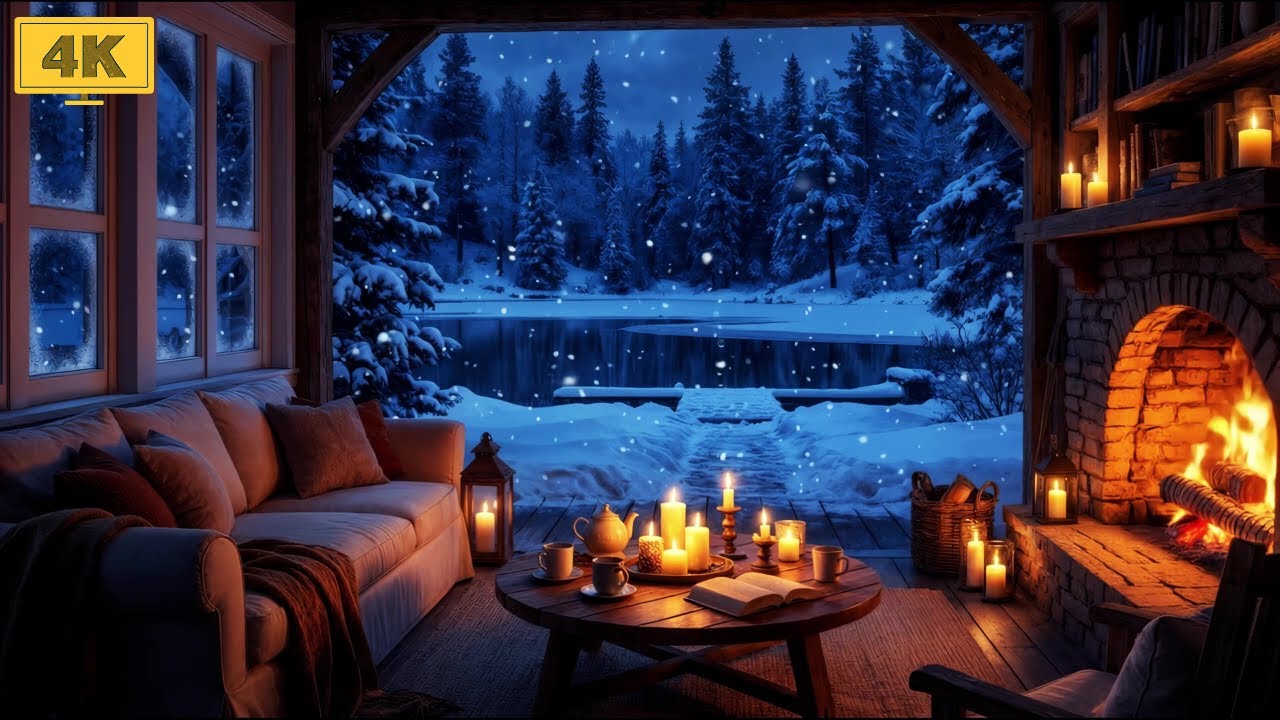 Snowy Forest Cabin Night ❄️ Violin Music & Cozy Crackling Fireplace for Focus & Relax