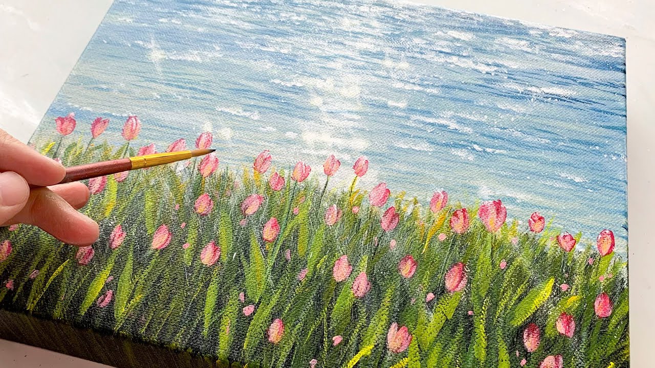 Aesthetic Tulips by the Sparkling Sea /  Acrylic Painting for Beginners Step by Step