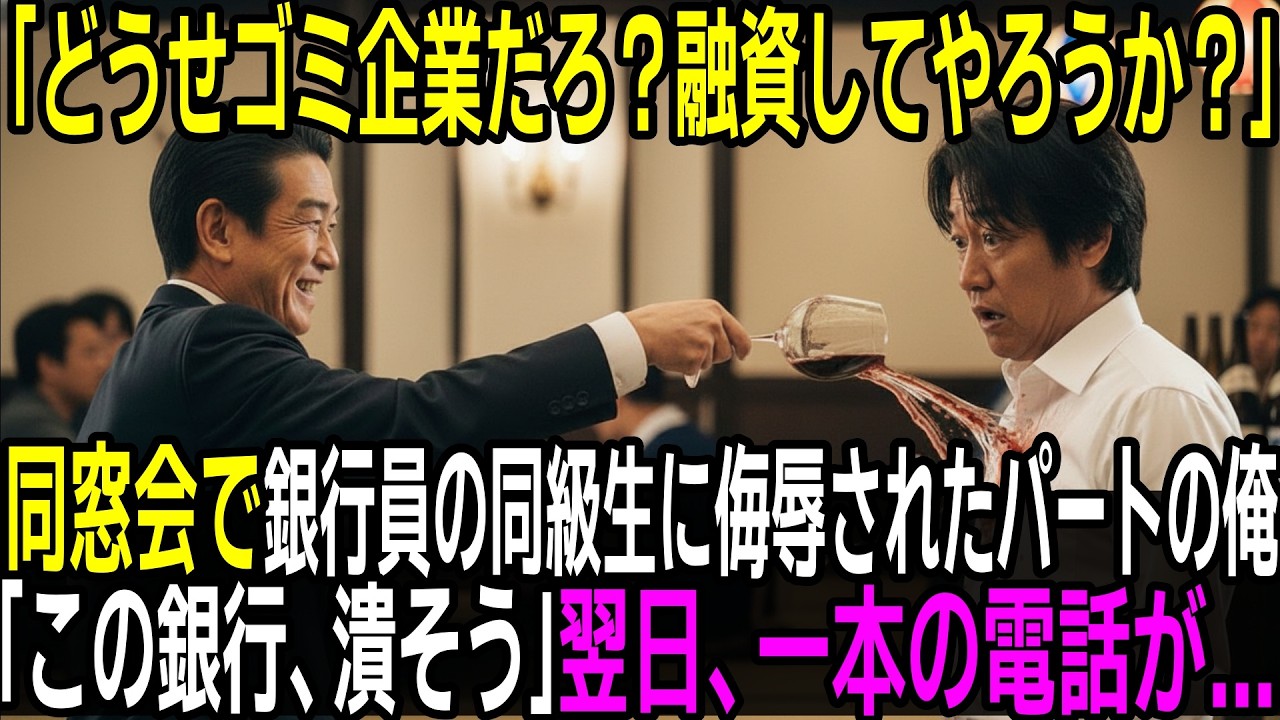 「どうせゴミ企業だろ？融資してやろうかw」同窓会で銀行員の同級生にバカにされた派遣の俺「この銀行、潰そう」翌日、5000億の口座解約で支店長土下座！