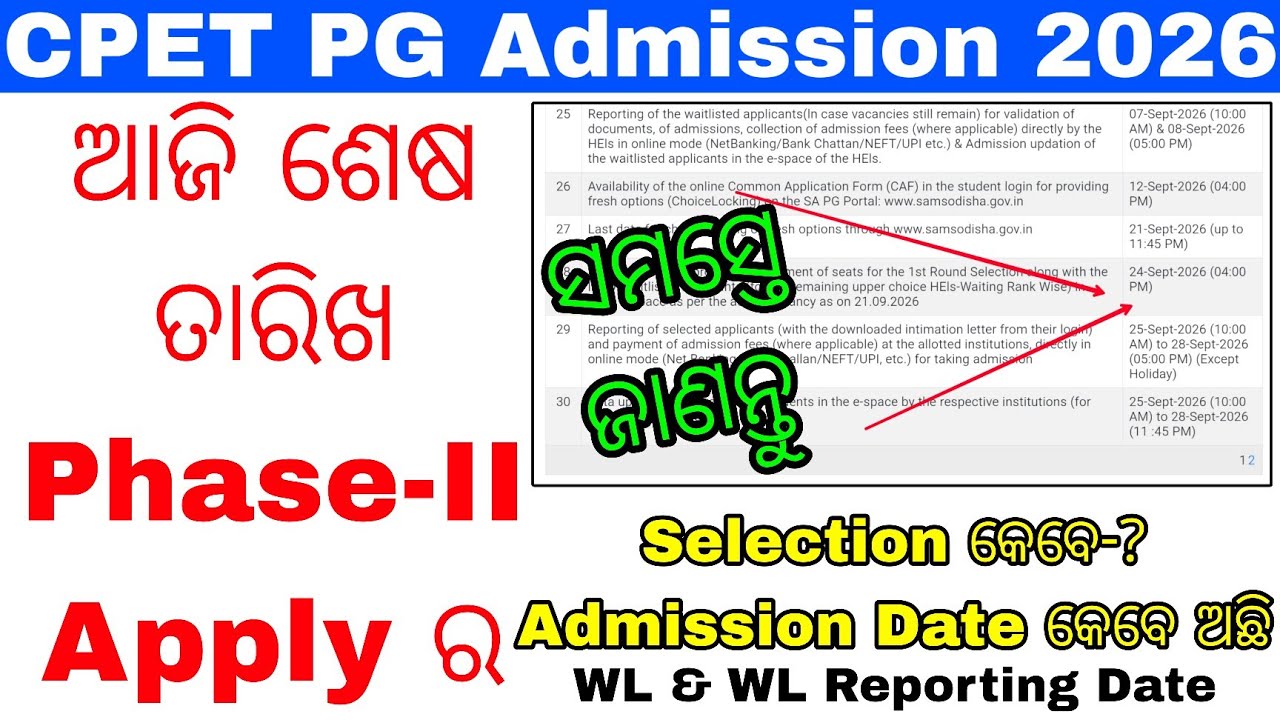 CPET PG Phase-II Complete Timeline 2026//Odisha PG Phase-II Merit List Date, PG Apply Last Date 2026