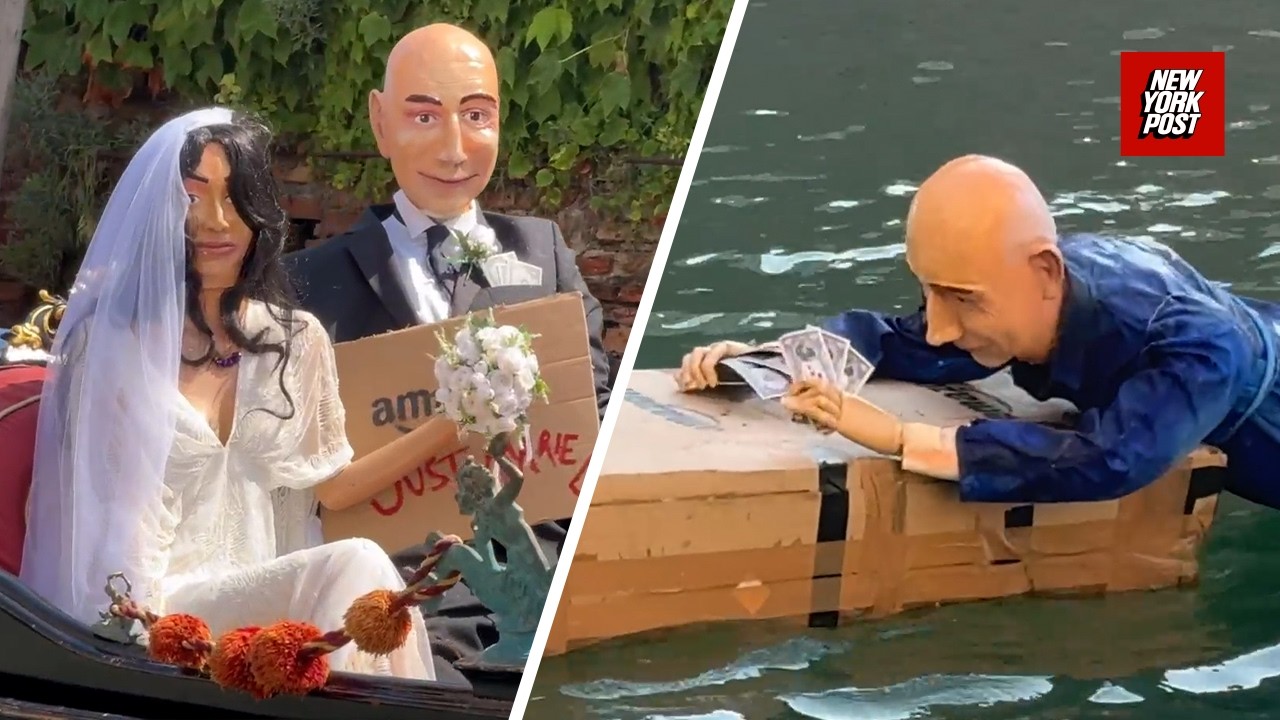 Jeff Bezos and Lauren Sanchez mannequins float through Venice canal in wedding protest