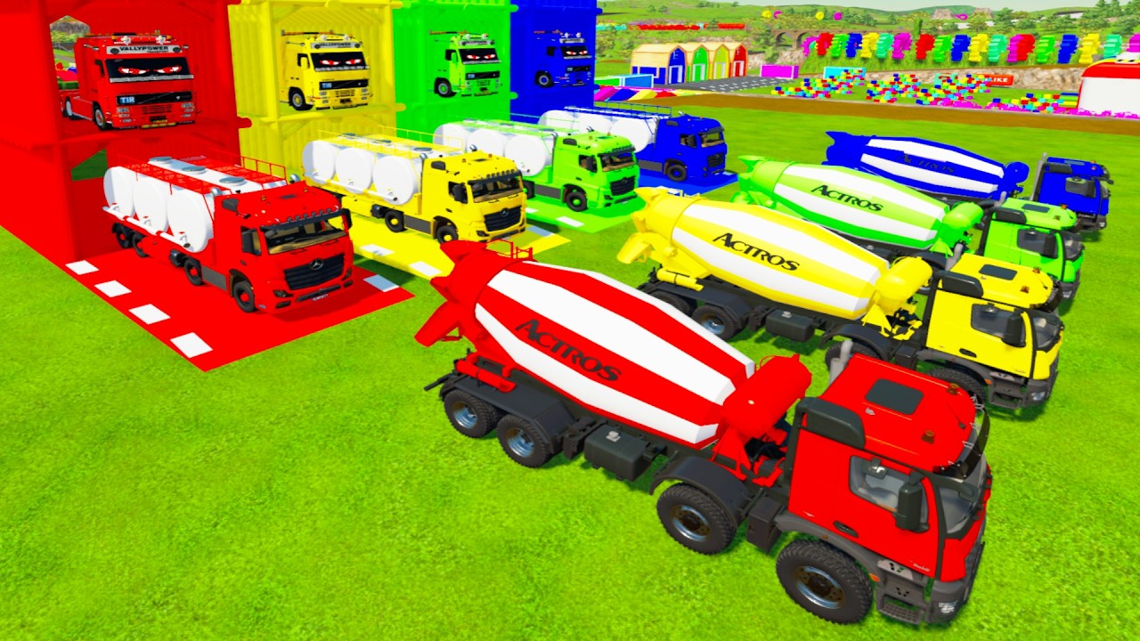 Colorful trucks - ALL COLORED MERCEDES MIXER ATCROS TRUCK, TANKER TRUCK TRANSPORTING TO GARAGE