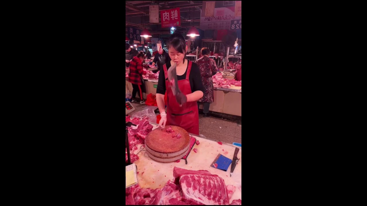 Raw Market Footage | Pork Cutting at Busy Chinese Meat Stall | Ambient Sounds