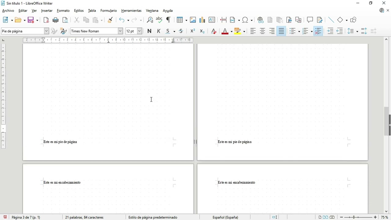 Libreoffice 7.  Writer.  Encabezados y pies de página