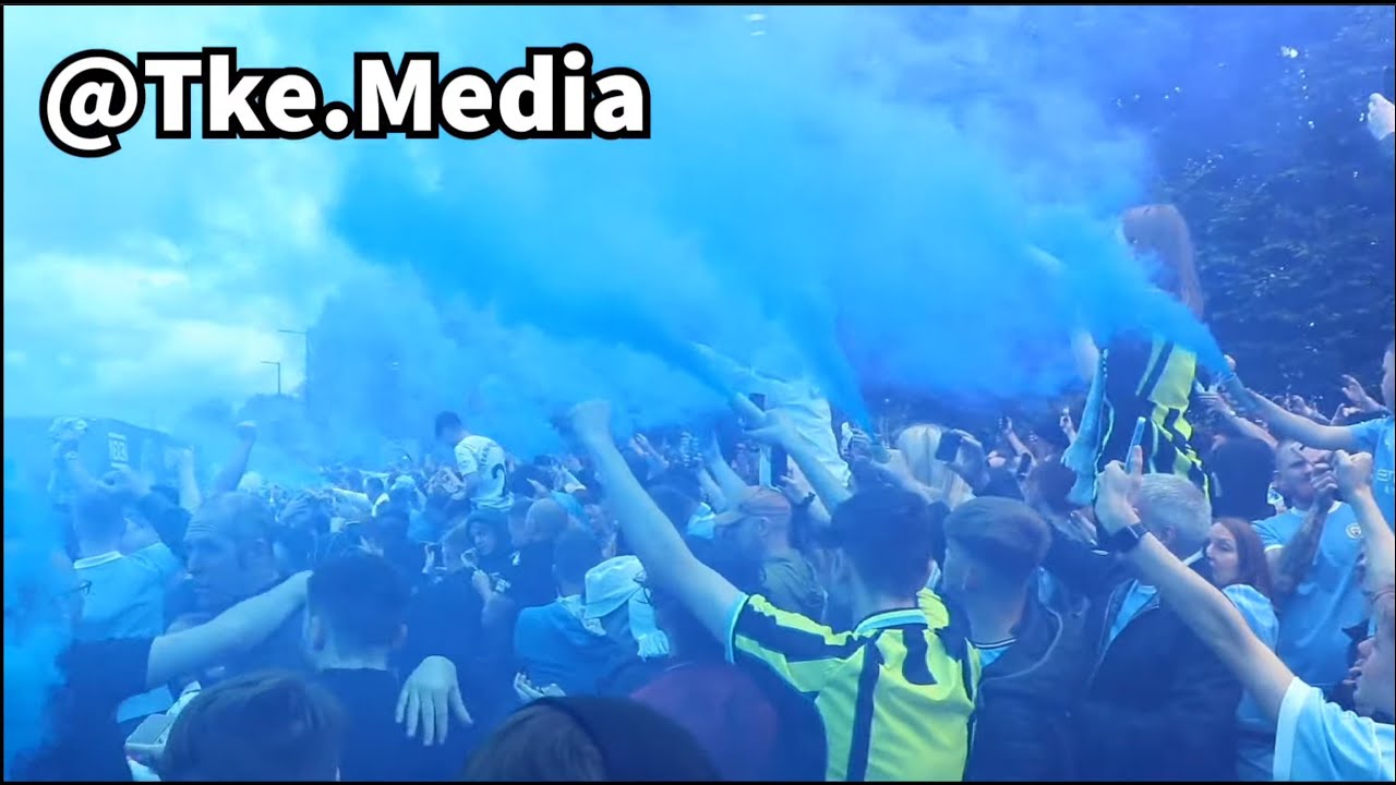 Sea Of Blue As Man City Fans Welcome The Team Bus To The Etihad & Celebrate Winning Premier League