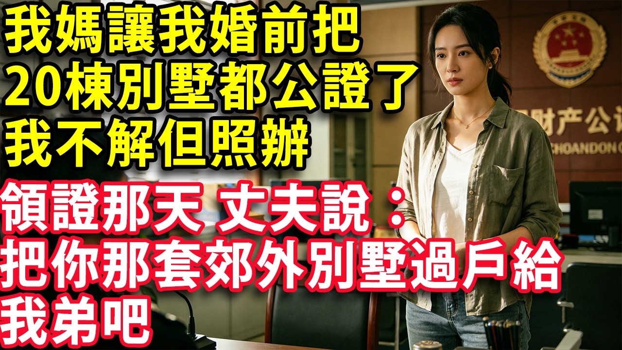 我媽讓我婚前把20棟別墅都公證了 我不解但照辦 領證那天 丈夫果然說：把你那套郊外別墅過戶給我弟吧#心聲故事會 #情感 #婚姻 #老年生活