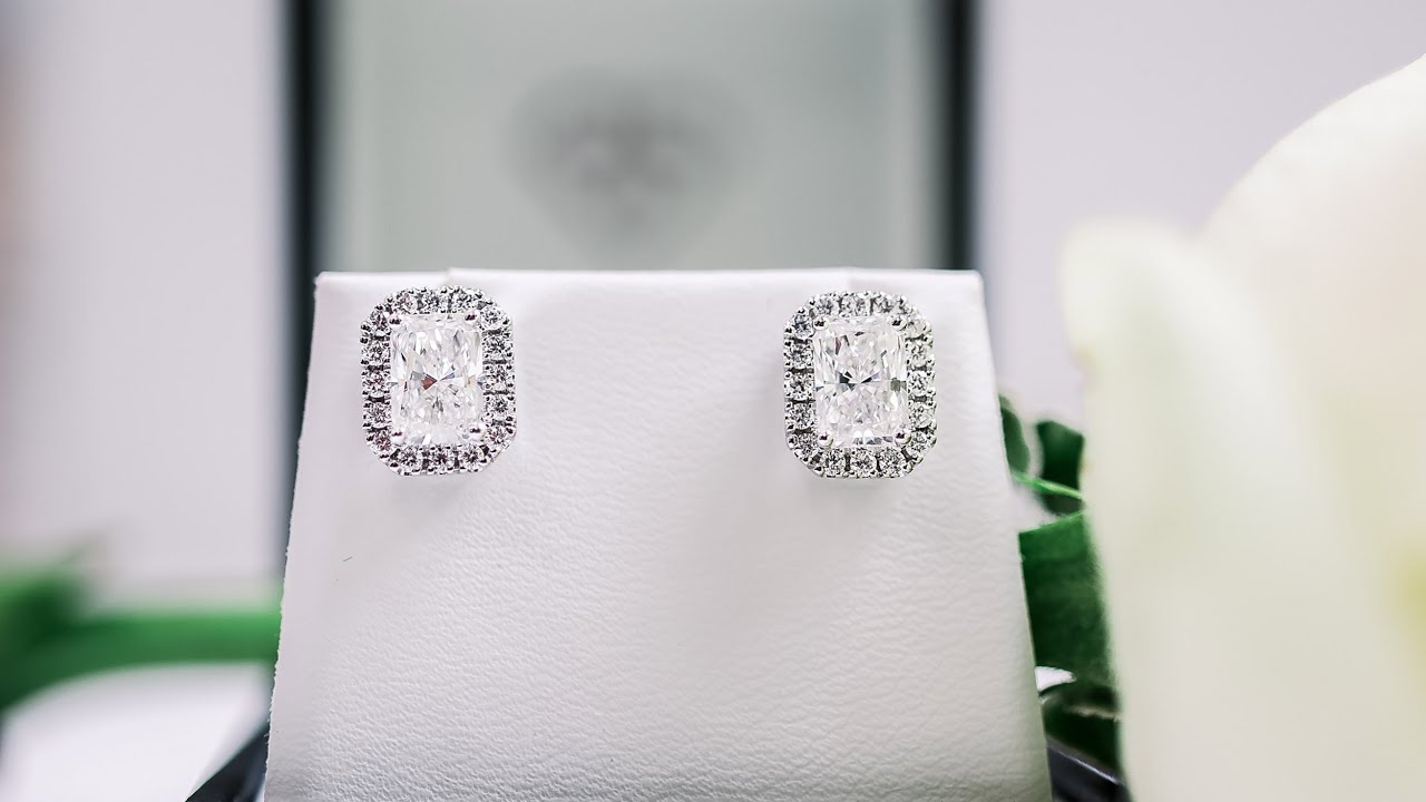 1.75ct Emerald Halo Stud Earrings with Lab Created Diamonds in 18k White Gold | Ada Diamonds
